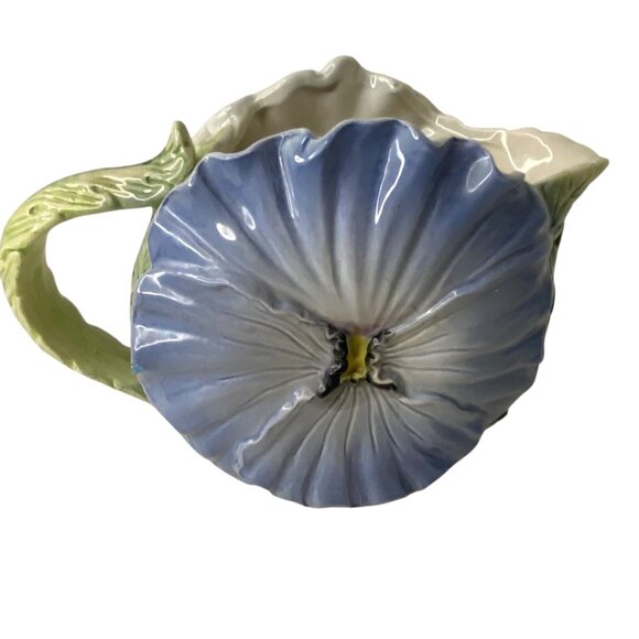 Fitz n Floyd Blue Pansy OCI Floral Ceramic Pitcher Jug 1/4 QT Green Leaf Handle - Picture 3 of 8